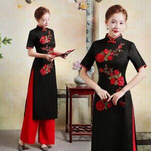 Women Vietnamese Ao Dai Dress 2PCS Embroidery Cheongsam Dress Chinese Qipao